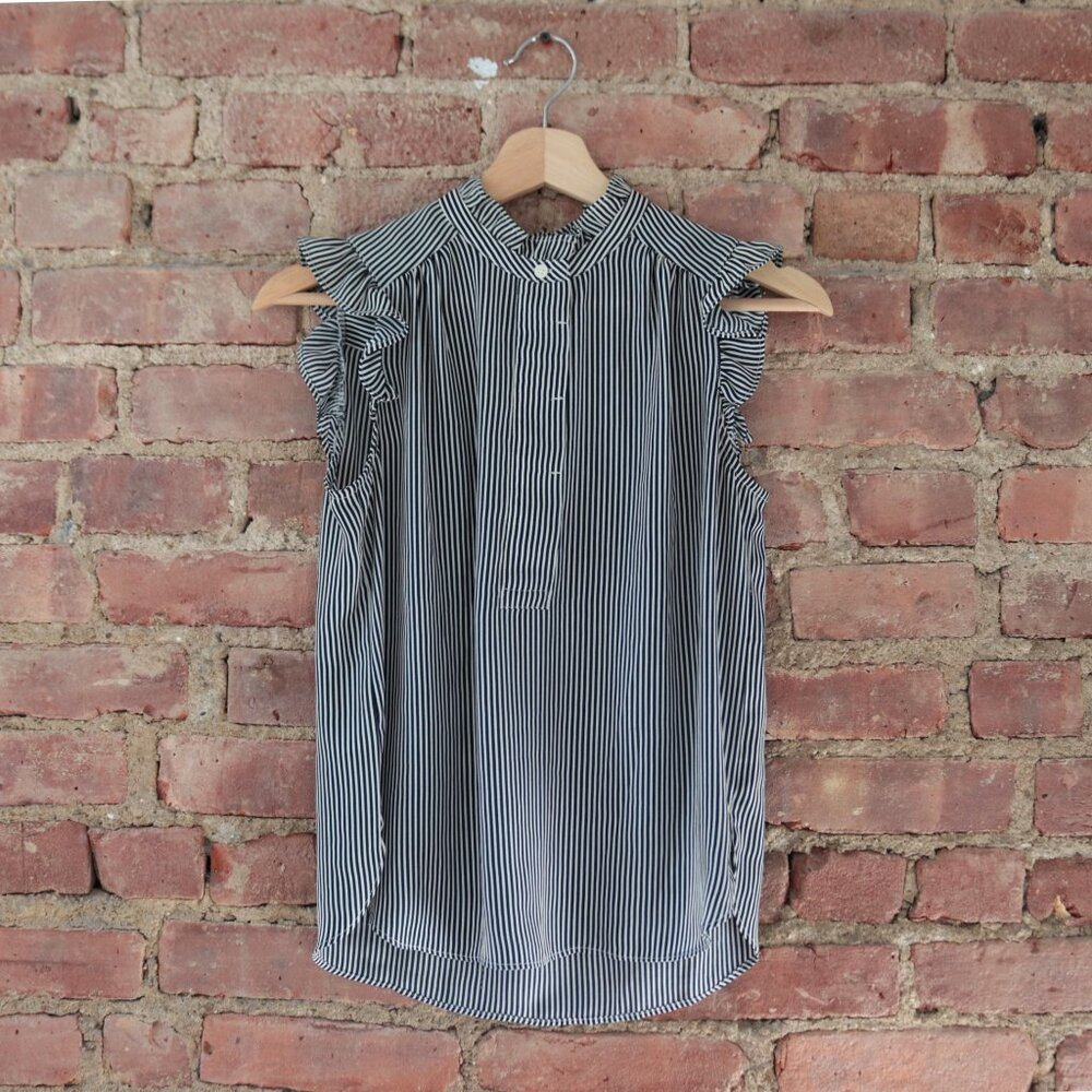LOFT Striped Ruffle Henley Shell Short Sleeve Top